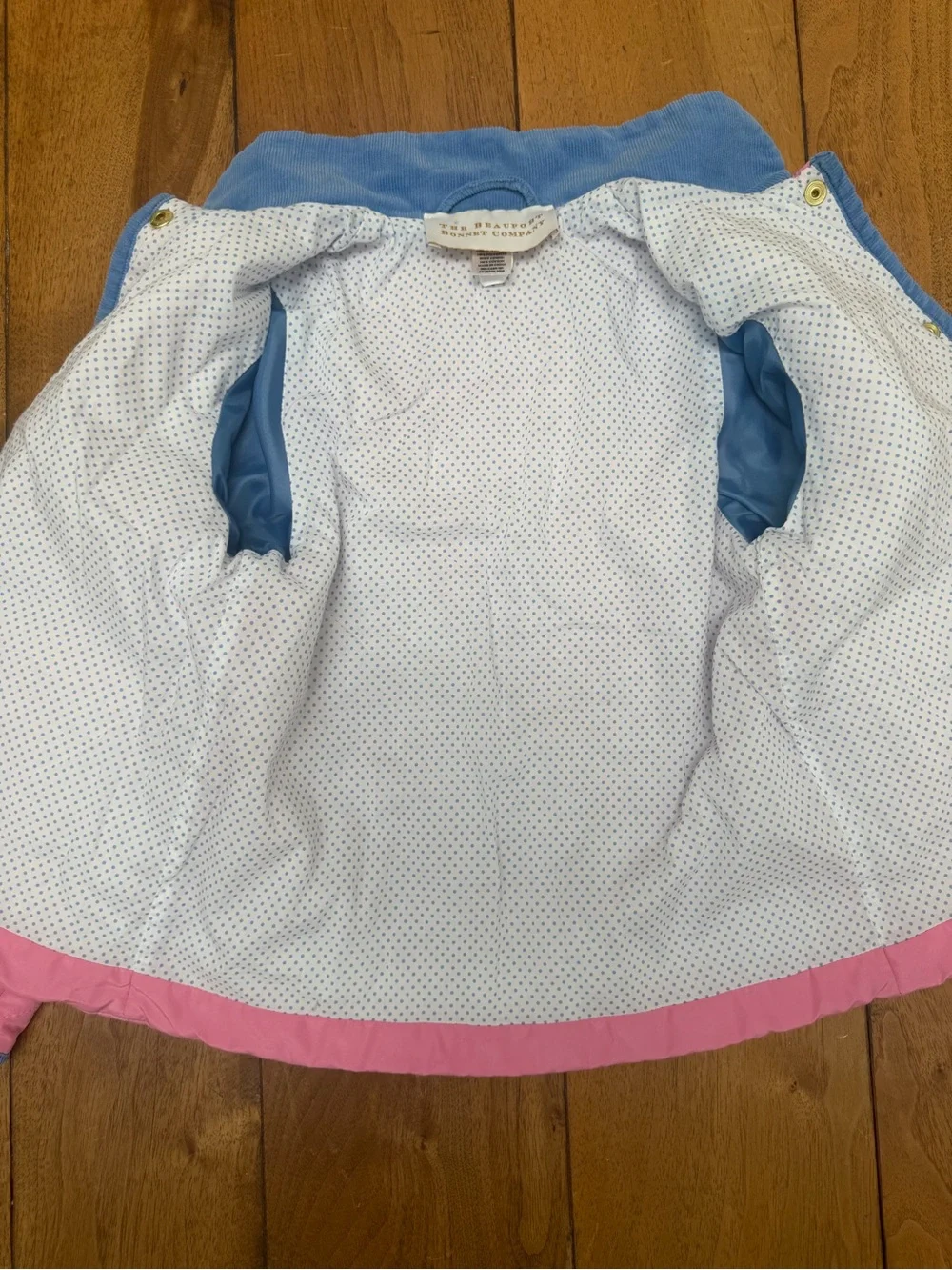 The Beaufort Bonnet Company Pink Quilted Jacket Size 5 w/ Blue Corduroy Trim EUC